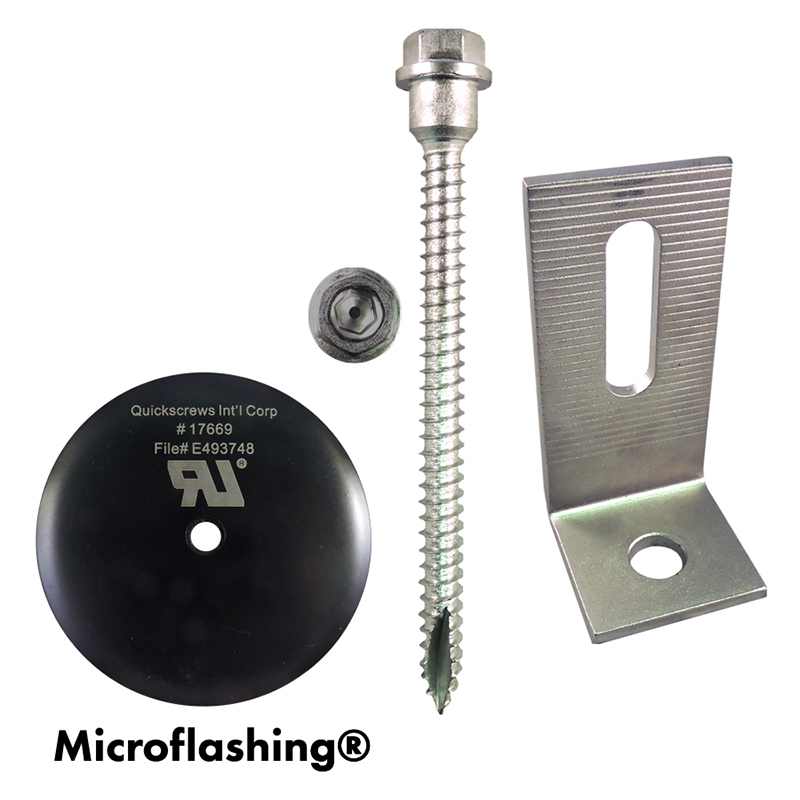 Part Number 17662 Multi Roof Mount - 5/16 X 4" QuickBOLT2 Kit with 3" Microflashing and SS Low Profile L-Foot 25/Kit - Weight/Kit = 11.00 Lbs