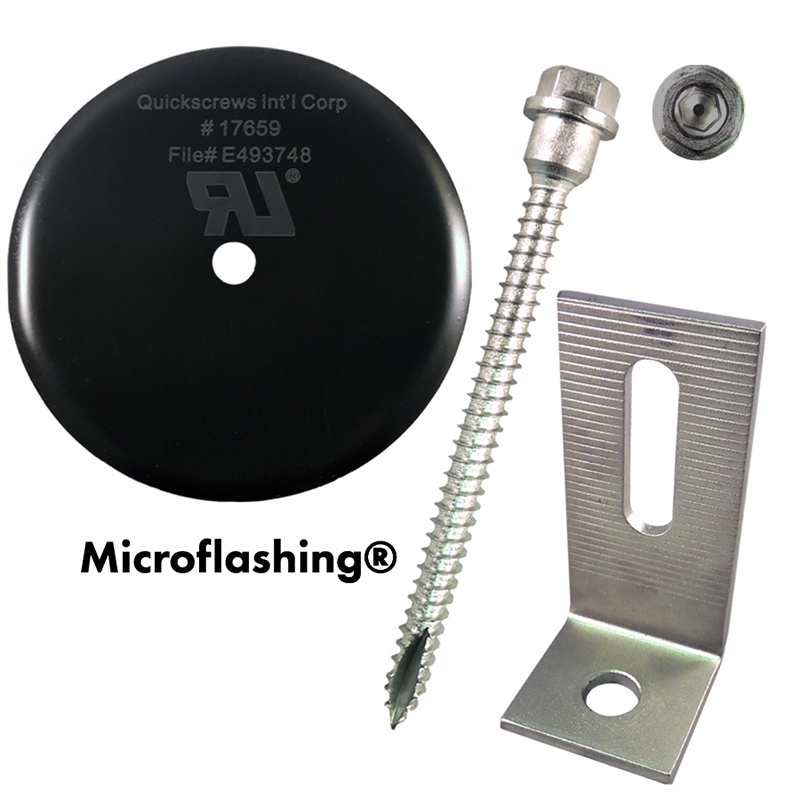 Part Number 17663 Multi Roof Mount - 5/16 X 4" QuickBOLT2 Kit with 4" Microflashing and SS Low Profile L-Foot 20/Kit - Weight/Kit = 13.00 Lbs
