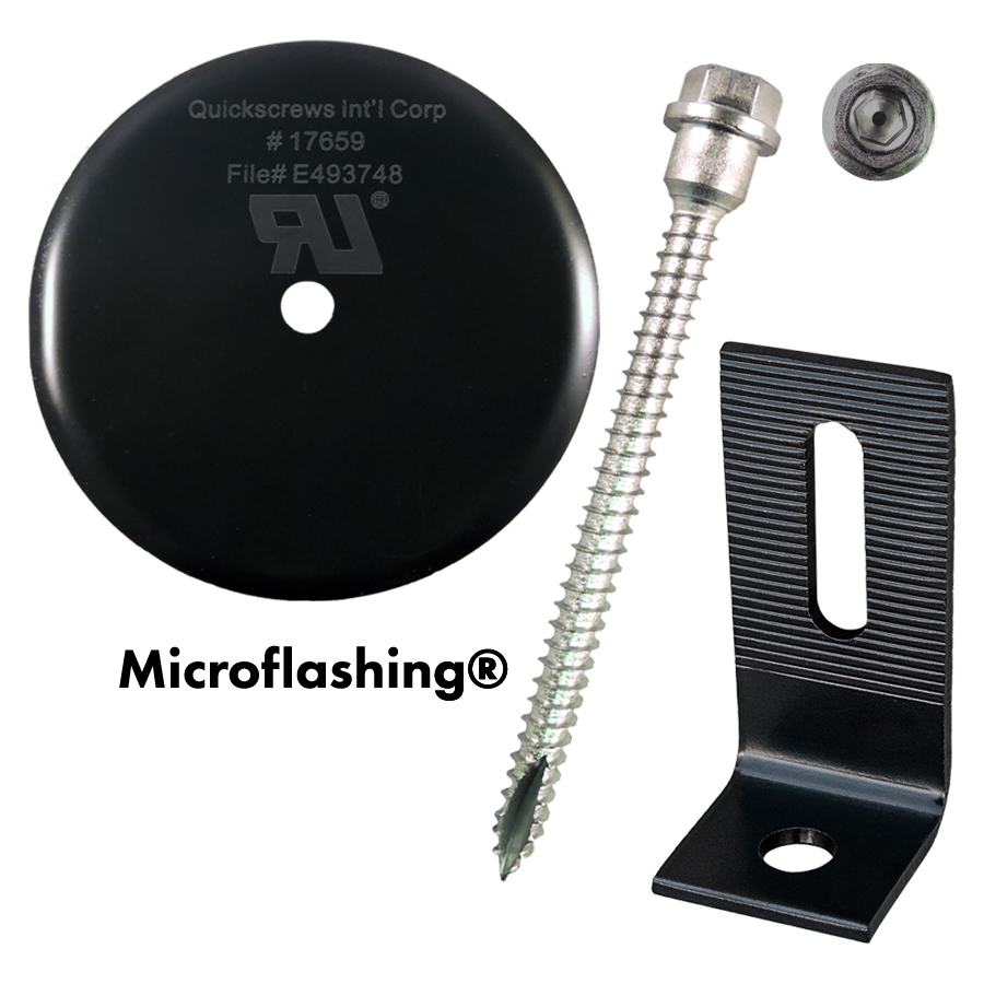 Part Number 17863 Multi Roof Mount - 5/16 X 4" QuickBOLT2 Kit with 4" Microflashing and SS Low Profile Blk L-Foot 25/Kit - Weight/Kit = 11.00 Lbs