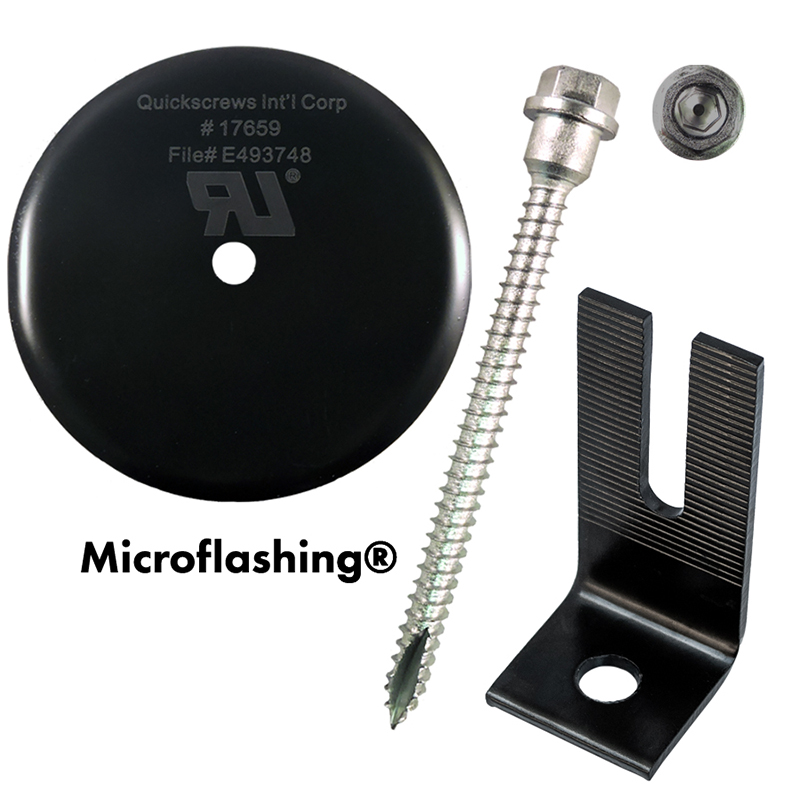 Part Number 17963 Multi Roof Mount - 5/16 X 4" QuickBOLT2 Kit with 4" Microflashing and SS Low Profile Blk Split Top L-Foot 25/Kit - Weight/Kit = 11.00 Lbs